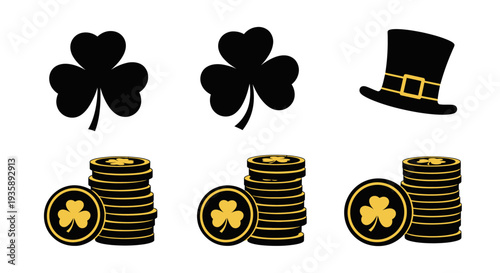 Black shamrock and top hat with coins.
