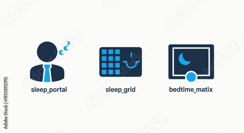 Sleep Monitoring and Wellness Icons: Sleep Portal, Sleep Grid Analysis, and Bedtime Matrix for Health and Restful Nights.