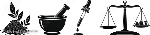 Herbal medicine preparation tools and scales herbal, medicine, preparation, mortar, pestle, dropper, Icon