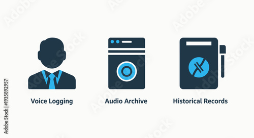 Flat design icons depicting voice logging, audio archiving, and historical records for business documentation, data storage, and information management systems.