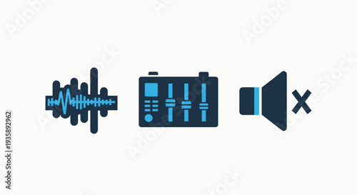 Set of flat design icons for digital audio, sound waves, music production, equalizer control, volume adjustment, and muting functions in media applications.