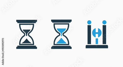 Set of minimalist flat design icons illustrating concepts of time, duration, waiting, deadlines, and measurement using hourglasses and abstract timer symbols.