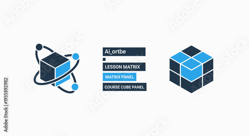 Abstract flat design icons visualizing data structures, atomic organization, modular learning systems, course matrices, and cubic panel arrangements.