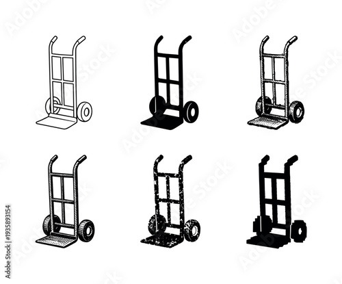 Hand trolley dolly with vertical frame and two wheels used for moving heavy boxes and stacked cargo efficiently | Create ONE