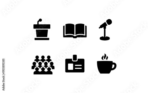 Icons representing conference elements like podium, book, and microphone