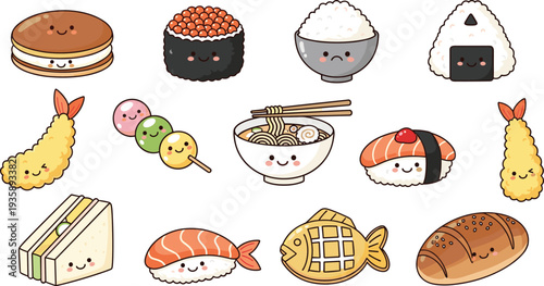 Set of Cute and Kawaii Food Icons Including Sushi, Noodles, Sweets, and Snacks – Adorable Vector Illustrations