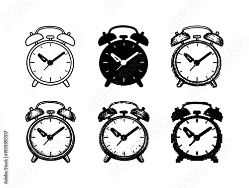Collection of six different alarm clock illustrations in various styles and techniques