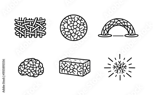 Line vector icons of mushroom mycelium forming edible structures (structured myco-food): woven filaments, mycelial dot, expansion