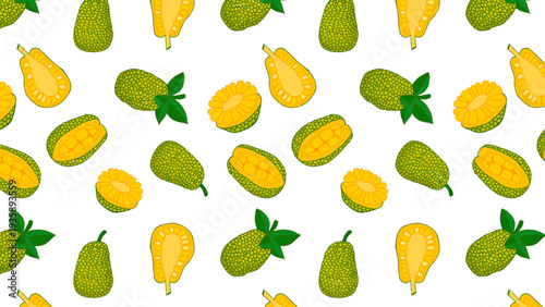 Seamless Tropical Fruit Pattern with Jackfruit and Papaya Illustrations on White Background
