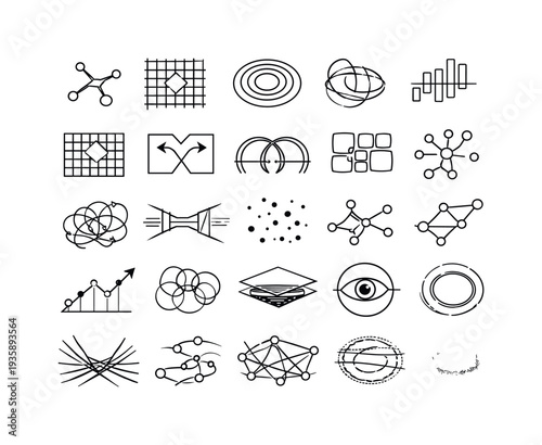 Line vector icons of discerning simulation artifacts from inside a closed system: pattern-break nodes, coherence holes,