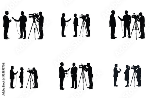 Journalist Interviews with Camera Crew Silhouette Vector Illustration