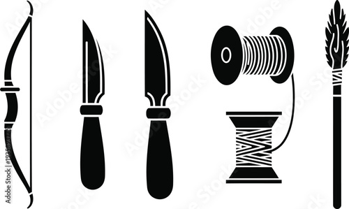 Set of hunting and survival tools including bow knife and rope spool arrow hunting knife Icon
