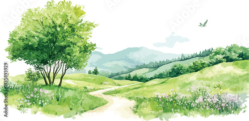 Green forest landscape with trees and grass under a sunny blue sky