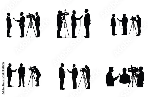 Journalist Silhouettes with Camera Crew Vector Illustration Set