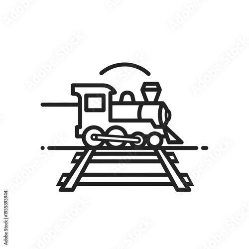 Line art icon of a vintage train with smoke detail on tracks, representing classic rail travel.