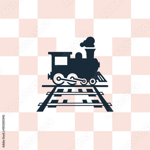 Dark silhouette of a classic steam train with smoke billowing, on a patterned background.
