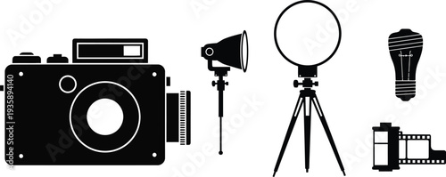 Vintage camera and photography equipment silhouettes camera, photography, equipment, vintage, retro, film, Icon