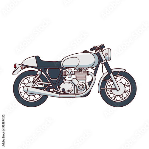 Clean illustration of a vintage cafe racer motorcycle in white and blue, retro style for classic transport