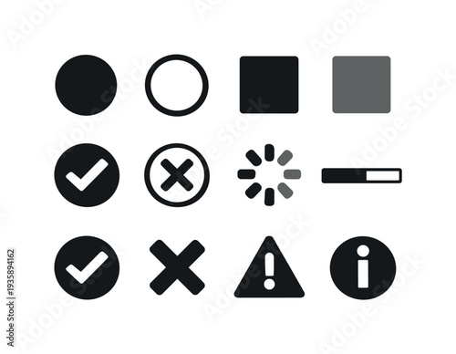 Control State Icons. Solid vector icons of control state indicators: active, inactive, enabled, disabled, selected, unselected,