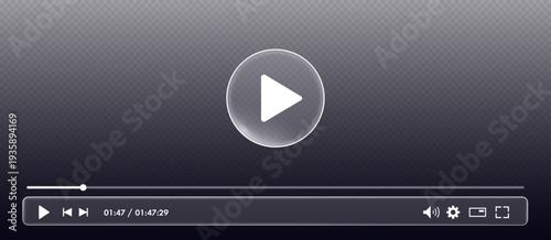 Multimedia videoplayer template glass morphism style on checkered background for online cinema, video live streaming, social media interface