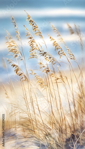 Serene coastal watercolor illustration of sea oats swaying gently on sunlit sandy dunes