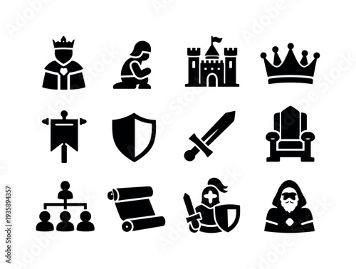 Collection of medieval and royal icons representing power, hierarchy, and warfare