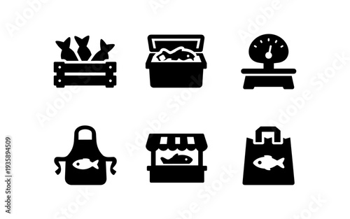 Collection of black fish market icons on a white background