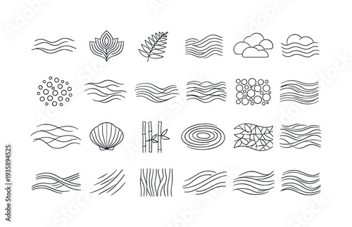 Line vector icons of tranquil organic motifs: water-whisper lines, maple-grain arcs, fern-vein stems, sand-ridge patterns,