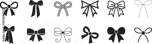Festive bowknot icon set with gift, celebration, decoration and holiday outline vector symbols.