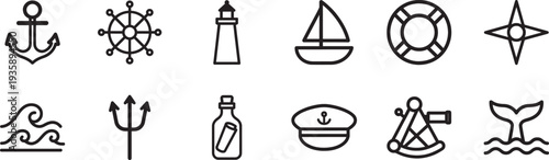 Ship anchor outline icon set with nautical, marine, and maritime thin line vector symbols.