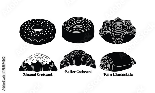 Black and white illustration of various french pastries and donuts