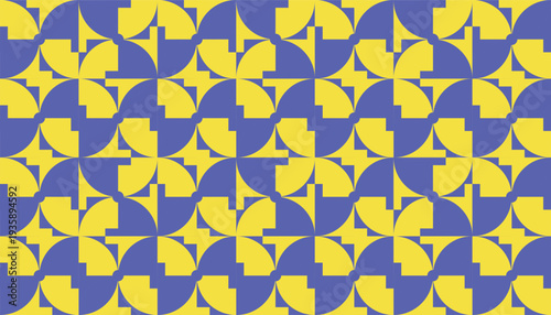 Seamless vibrant geometric pattern in yellow and blue, abstract circular and angular shapes, modern mid-century inspired repetitive background