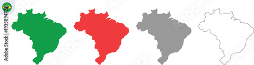 Brazil Map Vector Illustration with Green Red and Gray Color Variations, Brazil Country Map Outline Isolated on Transparent Background, Editable AI EPS10 JPG PNG Geography Design.