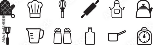 Bath mitten and oven glove icon set with kitchen and hygiene thin line vector collection.