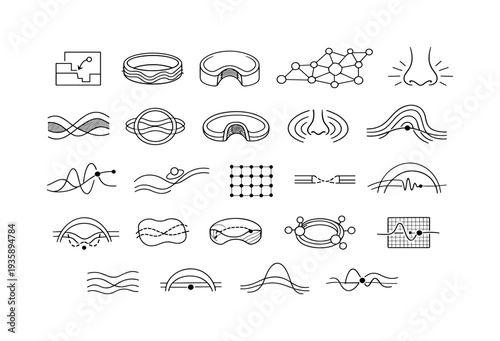 Line style icons of tunneling-based olfactory theory: electron leap tile, vibrational band ring, receptor pocket arc, odorant