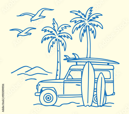 Tropical Surf Beach Van Vector Illustration