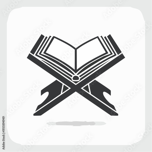 Elegant black silhouette icon depicting an open holy Quran resting gracefully on a traditional wooden stand