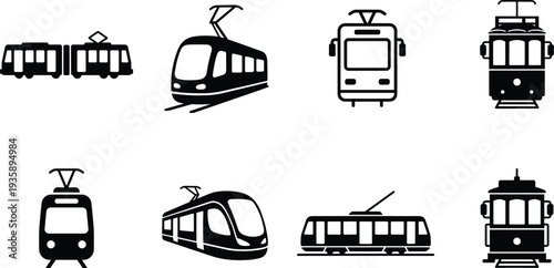 Set of tram and streetcar icons in various perspectives, black and white flat vector illustration, cad drawing for urban transit architectural visualization
