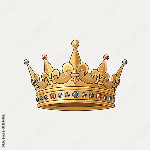 Ornate golden crown adorned with jewels and fleur-de-lis, representing royalty, power, and luxury, on a light background