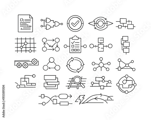 Line vector icons of laws written as executable code: rule-script tiles, logic-gate stems, automated-check rings,