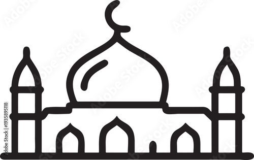 A black metal fence silhouette frames a vector illustration of the Taj Mahal in Agra India with water and people
