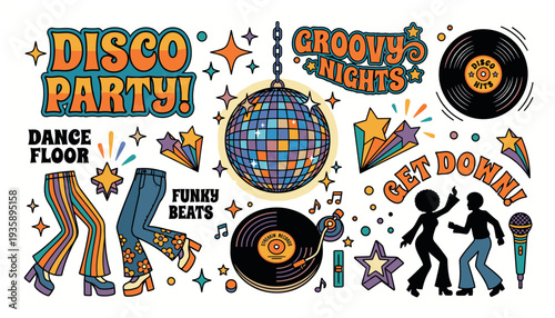 Vibrant Disco Party Elements with Funky Beats and Dancing Silhouettes.