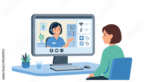 Woman having online medical consultation on computer.