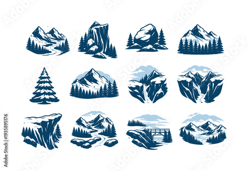 Solid vector icons of alpine landscape winter: valley, cliff, rock, forest, tree, snowcap, horizon, skyline, ledge, ravine, pass,