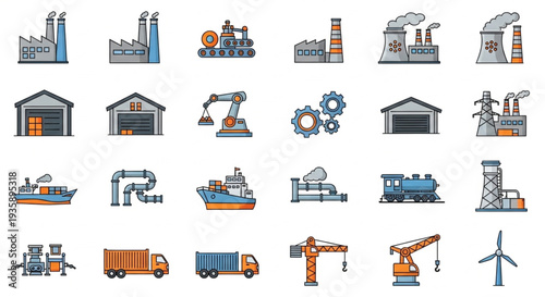 Collection of Industrial Icons Representing Manufacturing and Production.