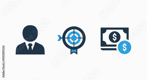 Business objective icons featuring professional profile target with arrow and currency cash profit symbols