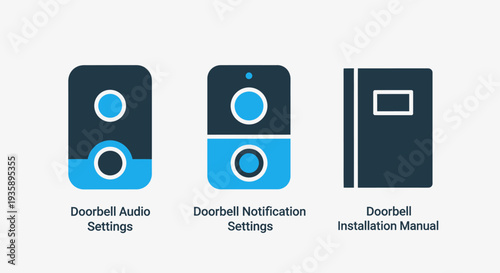 Smart home doorbell interface icons including audio settings, notification alerts and technical installation manual guide