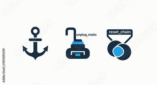Graphic icon set featuring nautical anchor symbol, hardware unplug matrix and reset chain connection management