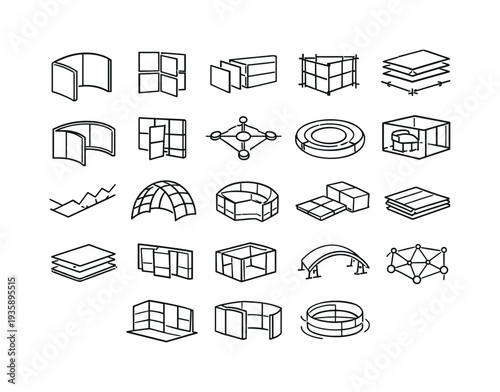Modular Space Icons. Line style icons of modular transformable spaces: fold-shift panel arc, rotating divider tile, telescopic