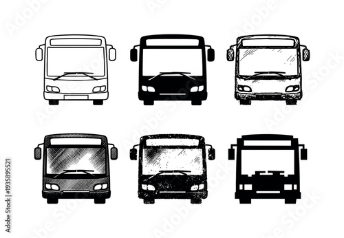 Front view of city bus with large windshield and headlights used for public transportation on urban routes | Create ONE image